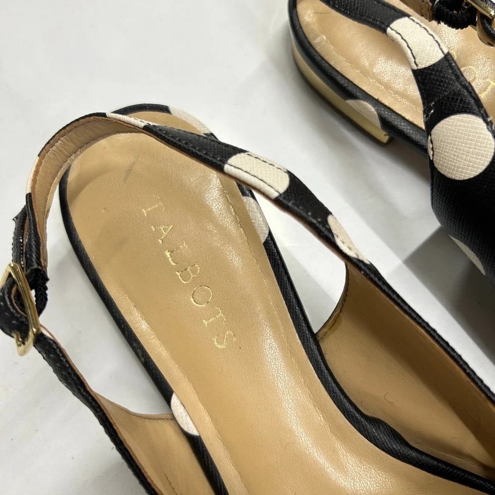 Talbots Polka Dot Pointed Toe Slingback Flats 8M Black White Gold Preppy Chic